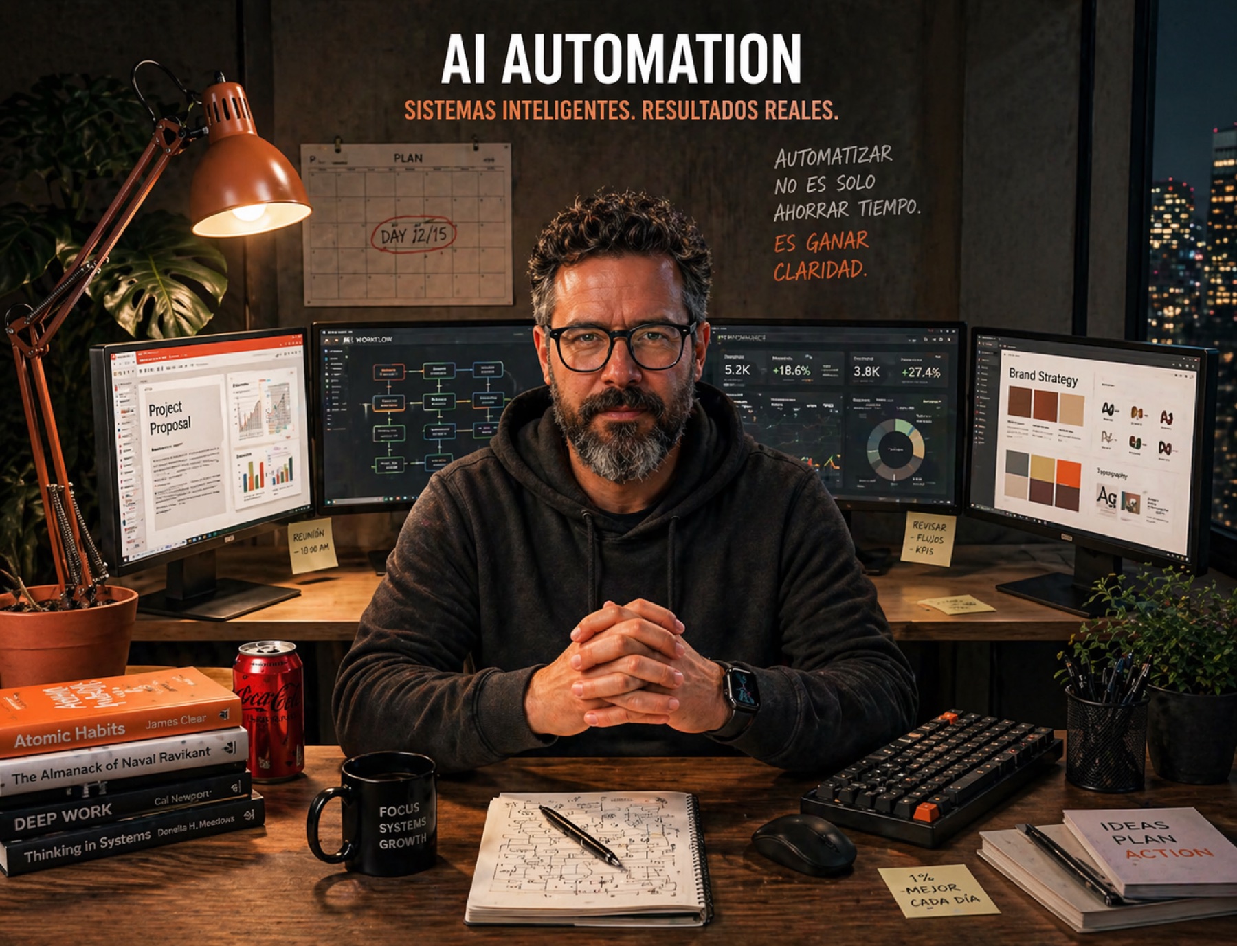 John Guerrero, fundador de StratoAI, en su estación de trabajo nocturna en Madrid. Múltiples monitores con flujos de automatización IA y diagramas de sistemas, libros técnicos (Atomic Habits, Thinking in Systems, Deep Work), taza FOCUS SYSTEMS GROWTH, teclado mecánico, iluminación tungsteno sobre escritorio de madera oscura.