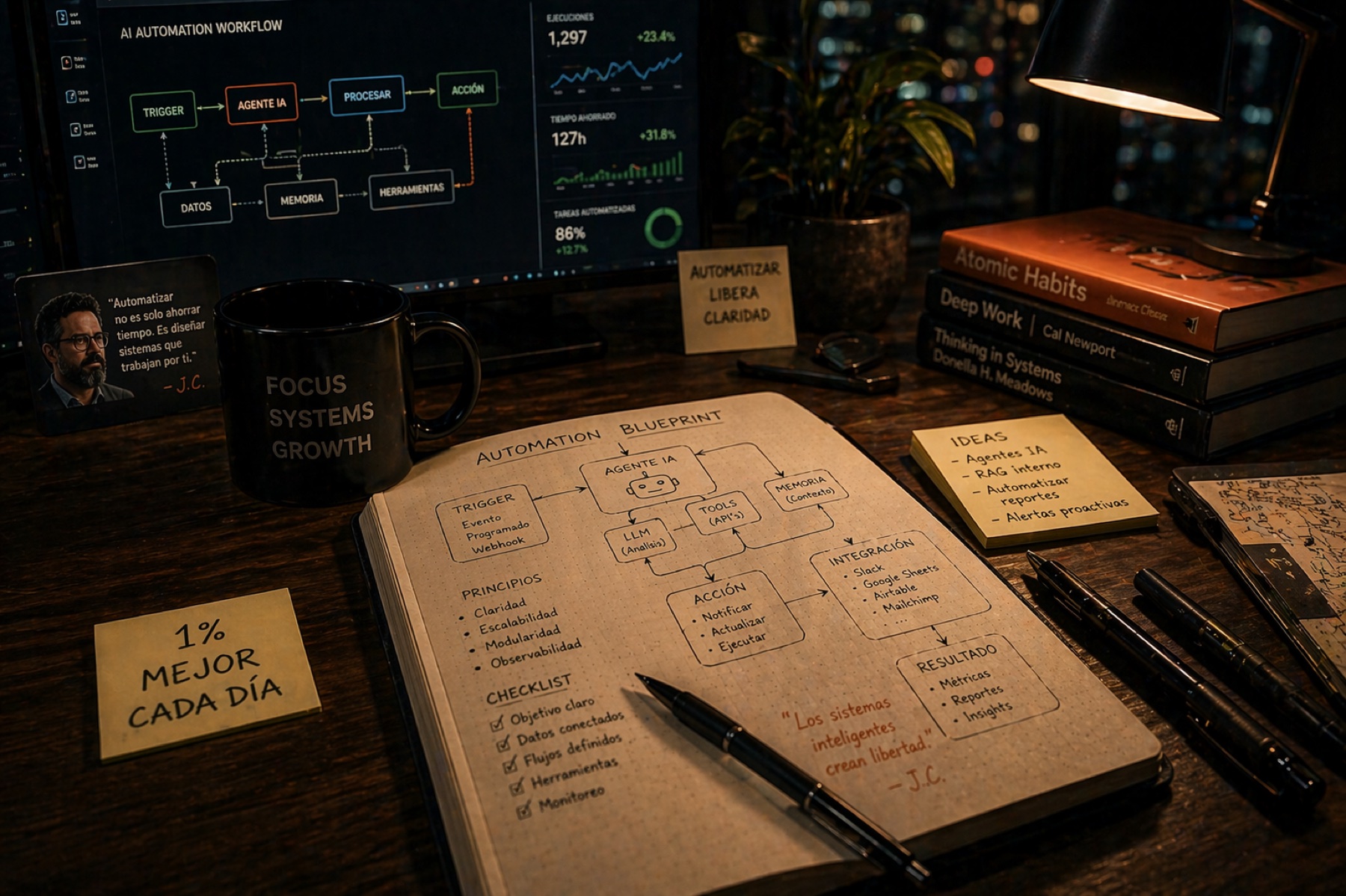 Notebook abierto con diagrama manuscrito de AI automation blueprint — triggers, agente IA, acciones, herramientas, integración. Post-its con notas 1% mejor cada día e ideas. Taza FOCUS SYSTEMS GROWTH. Libros técnicos Atomic Habits, Deep Work, Thinking in Systems. Dashboard de workflow en monitor al fondo con planta y lámpara tungsteno.