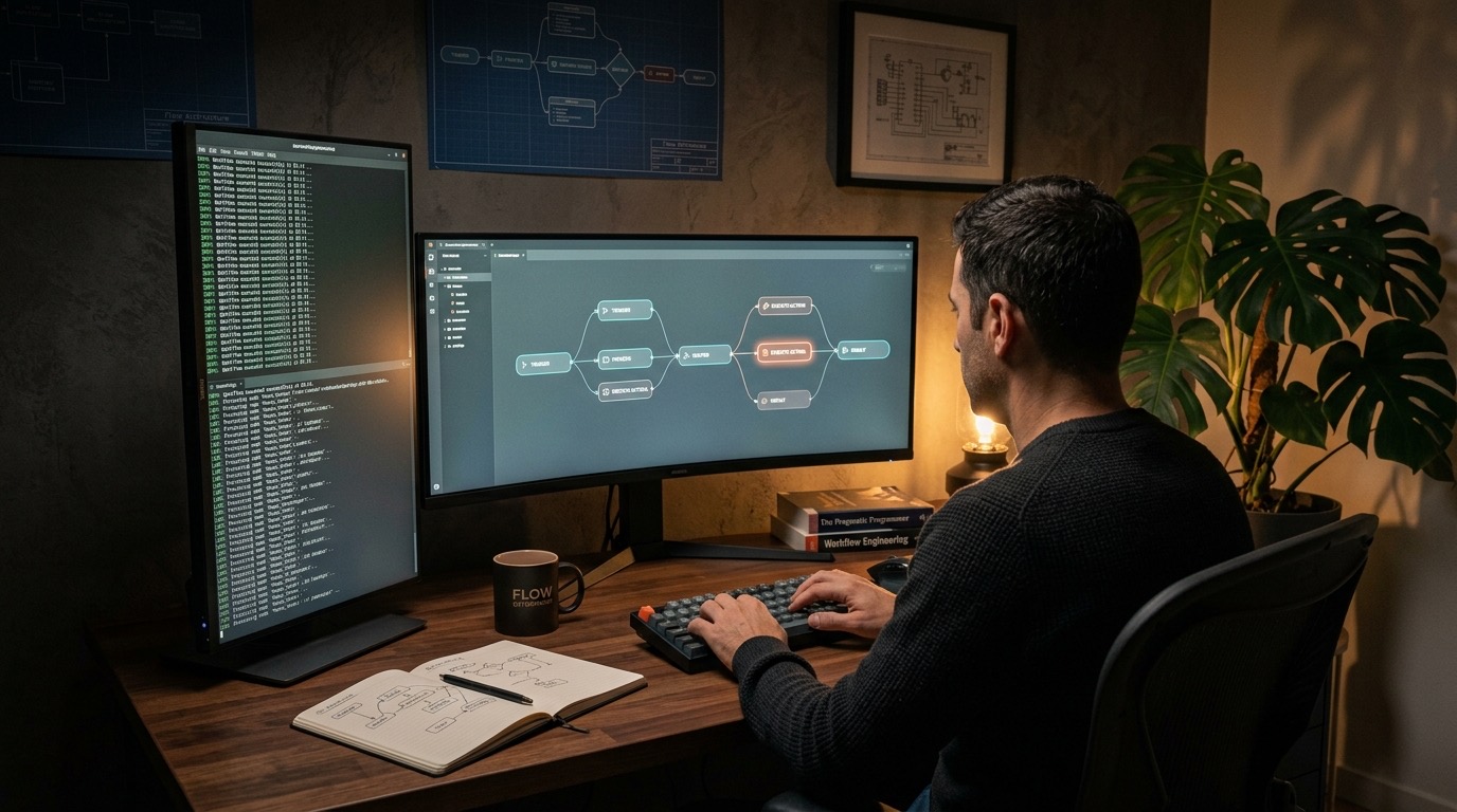 Operador StratoAI vista trasera frente a monitor ultrawide con canvas visual de workflows automatizados: nodos abstractos conectados representando TRIGGER → PROCESS → ROUTER → ACTION → RESULT, múltiples flujos paralelos en cyan suave y gris, un nodo activo brillando en terracota indicando ejecución en curso. Monitor lateral con terminal de logs de ejecución, cuaderno con esquema de workflow dibujado a mano, taza FLOW DETERMINISM, libros técnicos Pragmatic Programmer y Workflow Engineering, monstera grande a la derecha, pared oscura con posters de blueprints de arquitectura, lámpara cálida acento terracota.