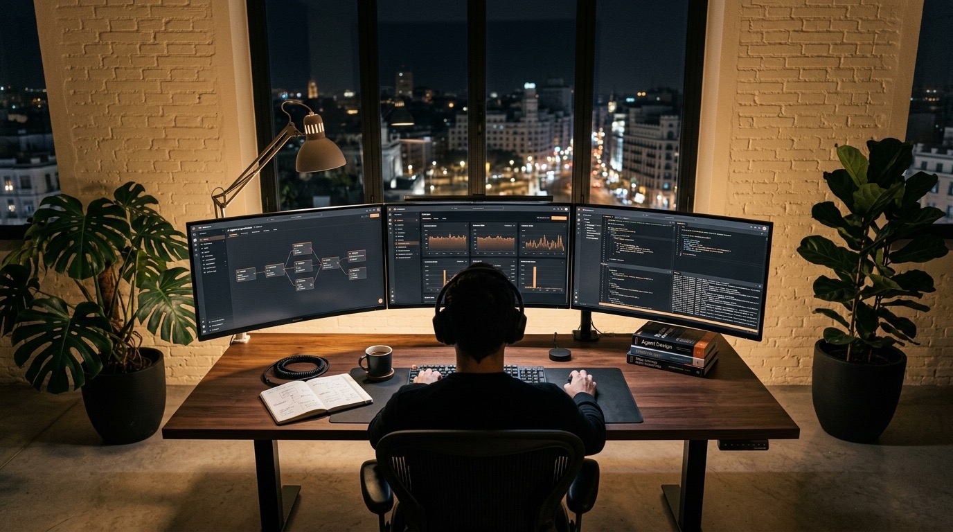 Operador concentrado frente a estación de trabajo nocturna con múltiples monitores mostrando dashboards de agentes IA en producción y diagramas de flujo conectando módulos AaaS, paleta brutalist terracota sobre fondo negro, estética StratoAI Madrid 2026