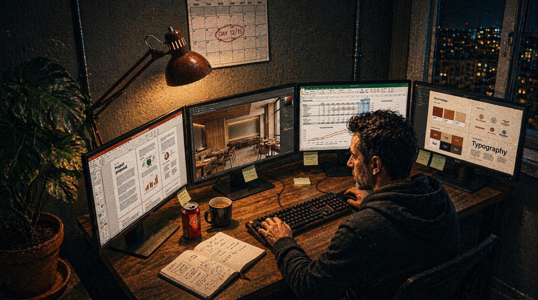 Focus Sprint en día 12 de 15: dossier maquetado, render fotorrealista de restaurante, modelado financiero en Excel y sistema visual de marca en cuatro monitores con calendario marcando DAY 12/15