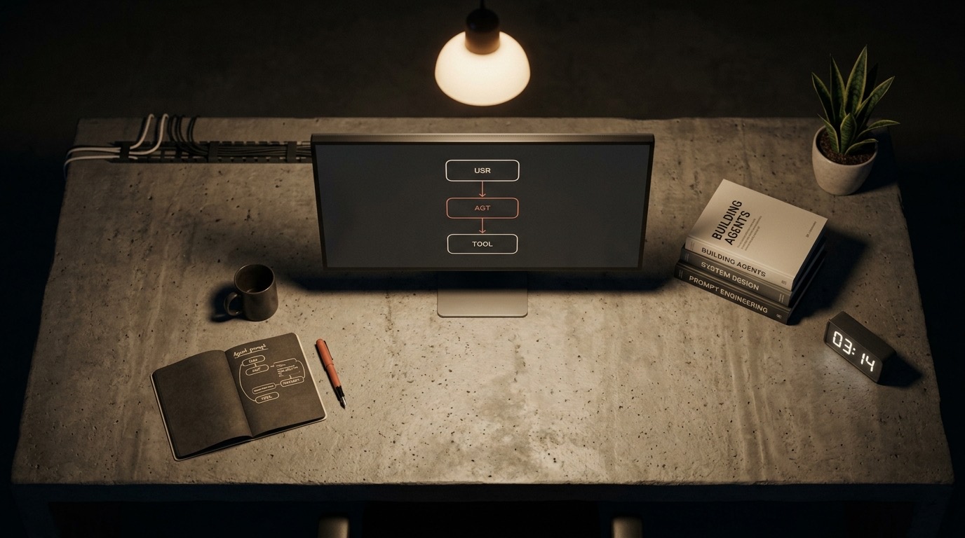 Vista cenital de escritorio brutalist nocturno con monitor mostrando diagrama de flujo conversacional USR-AGT-TOOL conectado por flechas terracota, cuaderno con scaffolding de prompts y libros técnicos