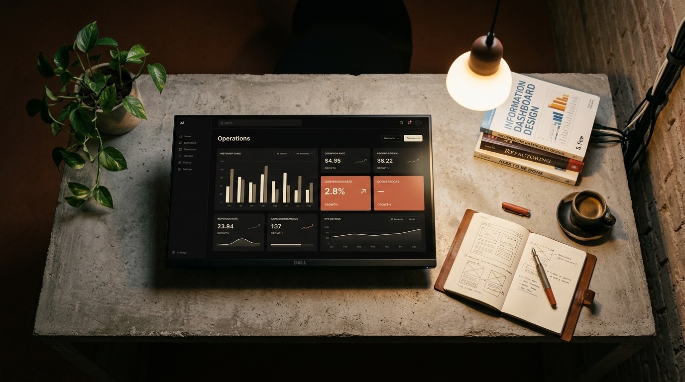 Vista cenital de escritorio brutalist con monitor mostrando dashboard custom de operaciones con KPI cards, una destacada en terracota con flecha ascendente, junto a wireframes manuscritos y libros técnicos