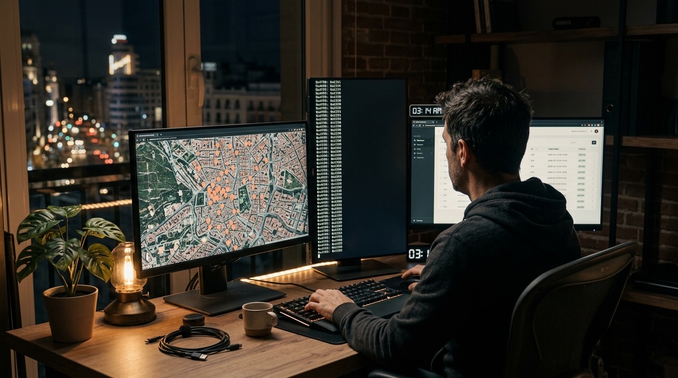 Operador con sudadera oscura ante tres monitores nocturnos: mapa urbano con pins terracota de oportunidades inmobiliarias, terminal con logs de ingesta de datos y dashboard tabular con timestamps