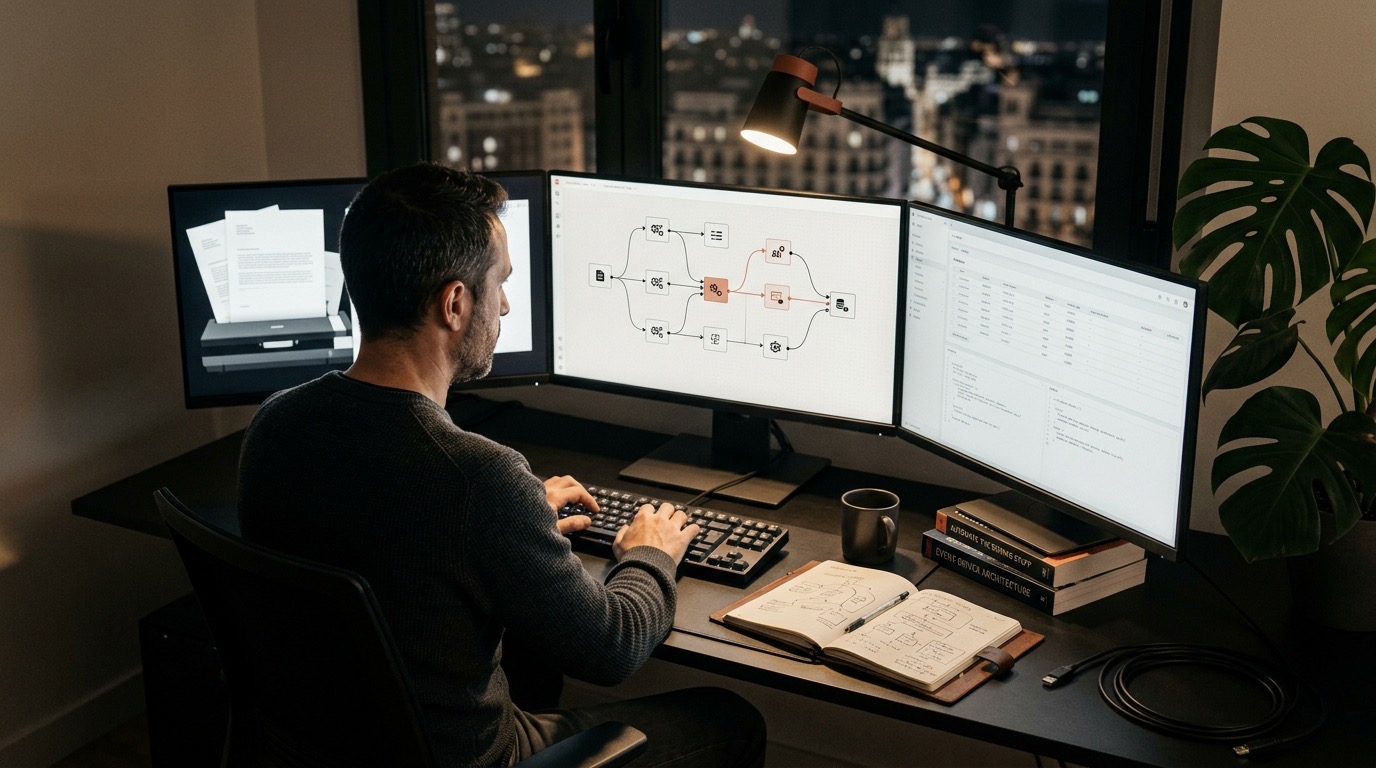 Operador trabajando en estación nocturna multimonitor: canvas de workflow con nodos conectados por líneas terracota, scaneo silueta de facturas y tabla ledger limpia