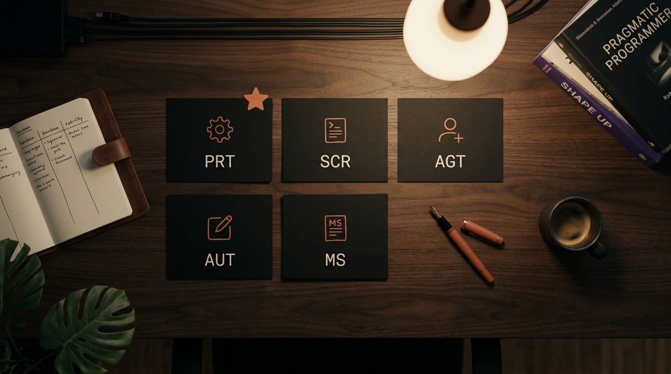 Vista cenital de escritorio brutalist nocturno con cinco tarjetas de portfolio etiquetadas PRT SCR AGT AUT MS arregladas en grid 3+2 sobre madera walnut, junto a cuaderno con kanban manuscrito, pluma de tapa terracota, taza de espresso, libros Pragmatic Programmer y Shape Up, hoja de monstera y lámpara cálida