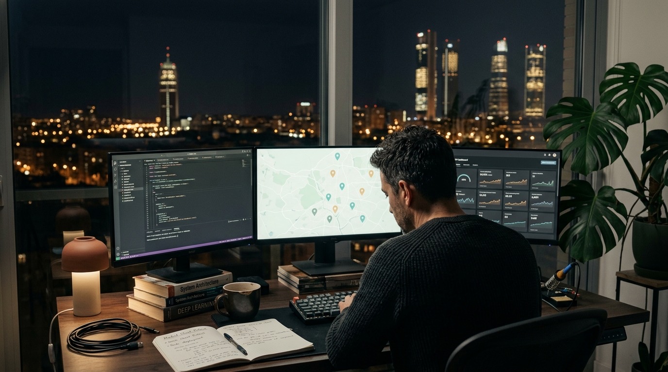 Estación de trabajo StratoAI vista trasera frente a ventanal con skyline nocturno de Madrid (Cuatro Torres y Telefónica visibles al fondo). Tres monitores con editor de código Claude, mapa abstracto de Madrid con pins de cliente y dashboard de KPIs en tiempo real. Operador concentrado, sudadera oscura, monstera grande a la derecha, libros técnicos System Architecture y Deep Learning apilados, lámpara cerámica cálida con acento terracota, taza de café, cuaderno con notas manuscritas. Atmósfera builder mode operando IA en producción 24/7 desde 2023, base Madrid sirviendo cartera nacional desde una sola estación.