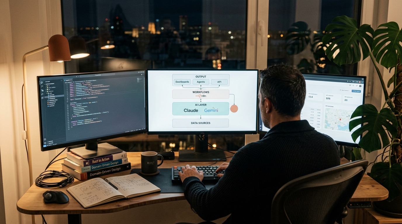 Operador StratoAI vista panorámica trasera frente a tres monitores mostrando arquitectura de stack IA completa: capas DATA SOURCES → AI LAYER (con iconos Claude y Gemini) → WORKFLOWS (n8n) → OUTPUT (Dashboards · Agents · API), conectadas con líneas limpias en cyan suave, un nodo destacado en terracota. Monitor izquierdo con código TypeScript visible, monitor derecho con preview de dashboard y mapa pequeño. Cuaderno con sketches de arquitectura a mano, libros Rust in Action y Domain-Driven Design, taza BUILT, monstera grande a la derecha, ventana con skyline nocturno difuminado de Madrid al fondo, lámpara cálida con cabezal terracota a la izquierda. Atmósfera de visión arquitectónica completa, control técnico calmado.