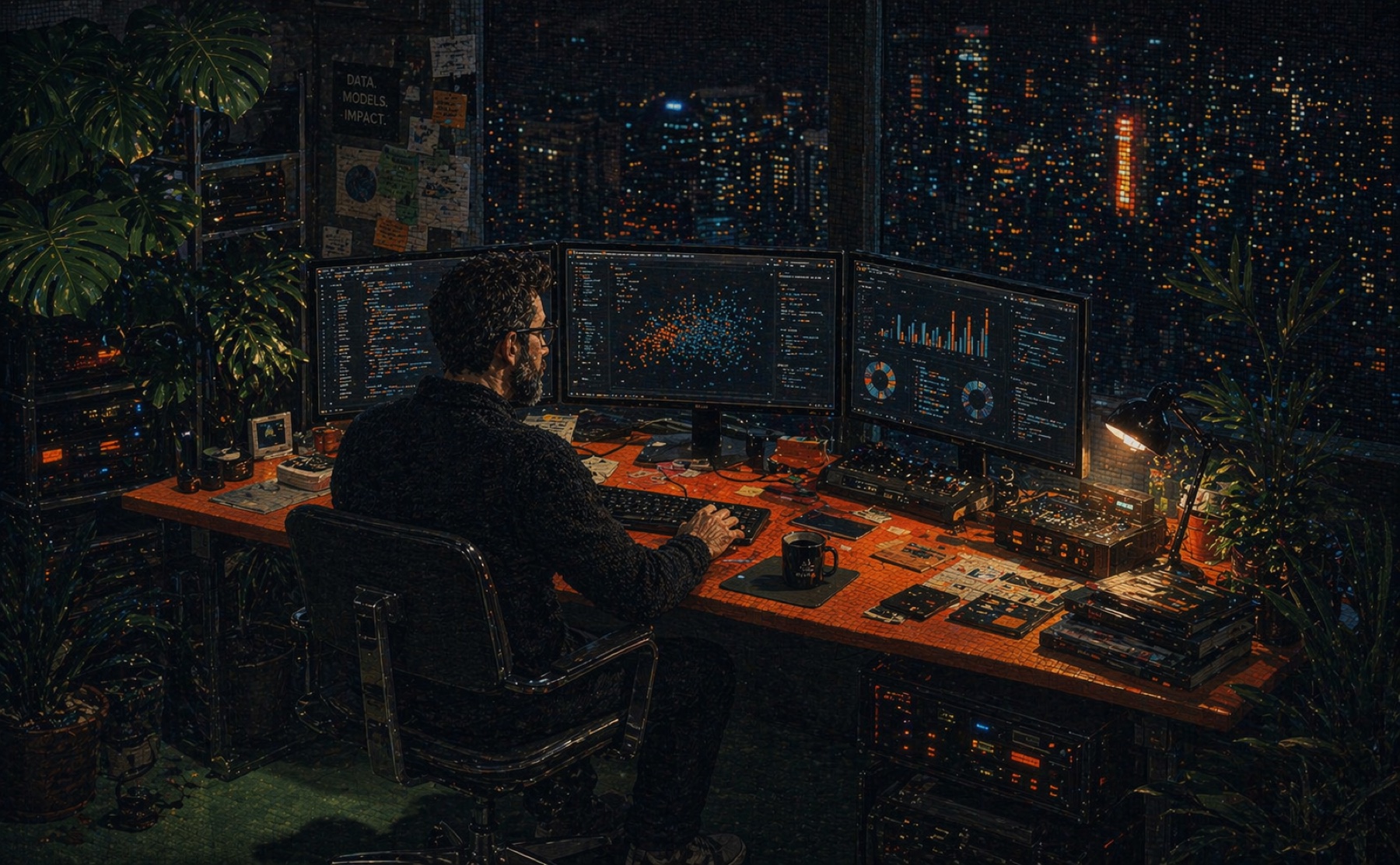 Command center StratoAI durante un Focus Sprint: dos monitores con análisis denso de datos y gráficas, skyline urbano nocturno al fondo, escritorio terracota con teclado mecánico, taza oscura y libros técnicos, planta tropical, iluminación cinematográfica tungsteno. Un solo consultor responsable, deadline inmóvil.