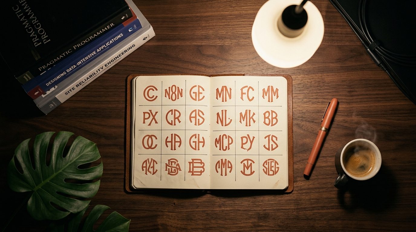 Vista cenital de mesa de trabajo brutalist con pegatinas y monogramas de herramientas IA del stack StratoAI: CC (Claude Code), N8N, GE (Gemini), MN (Manus), FC (Firecrawl), MM (MiniMax), PX (Pickaxe), CR (Cursor), AS (Astro), NL (Netlify) dispuestos en cuadrícula sobre cuaderno de cuero abierto. Libros Pragmatic Programmer y Designing Data-Intensive Applications apilados a la derecha. Pluma estilográfica terracota y taza de cerámica oscura. Iluminación natural cálida, estética Madrid 2026, mobiliario de madera clara, paredes en crema.