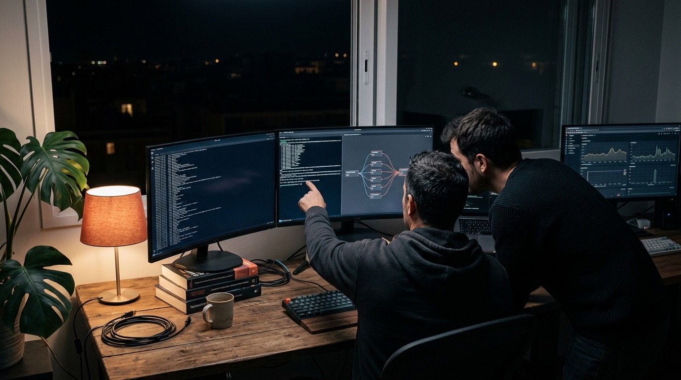 Sesión de mentoría en inteligencia artificial de noche: dos operadores de espaldas frente a monitores en tema oscuro, uno señalando un grafo de agentes IA conectados en líneas terracota y azul, el otro inclinado escuchando. Terminal con logs de ejecución, teclados mecánicos, monstera, libros técnicos y lámpara de pantalla terracota como única luz cálida sobre el skyline nocturno de Madrid.