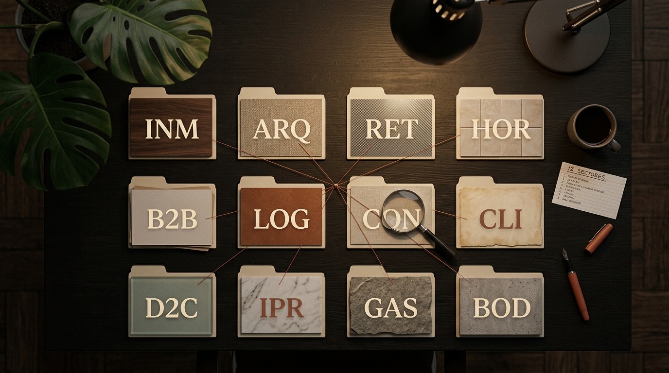 Vista cenital de mesa de trabajo con doce carpetas en cuadrícula 3x4, cada una etiquetada con un monograma de tres letras: INM ARQ RET HOR · B2B LOG CON CLI · D2C IPR GAS BOD. Cada carpeta muestra una textura distinta (madera, tejido, malla metálica, cerámica, papel, cuero, pergamino, vidrio, mármol, piedra, hormigón). Hilos finos terracota conectan las doce carpetas a un punto central, ficha de 12 SECTORES, lupa sobre una carpeta, pluma estilográfica, taza oscura, hoja de monstera asomando desde la esquina.